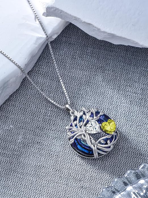 TOUPOP s925 Sterling Silver Family Celtic Tree of Life Pendant Necklaces with 2 Heart Birthstone with Blue Austrian Crystal Jewelry Birthday Anniversary Christmas Gifts for Her Wife Girlfriend Mom (18K Real White Gold Filled)
