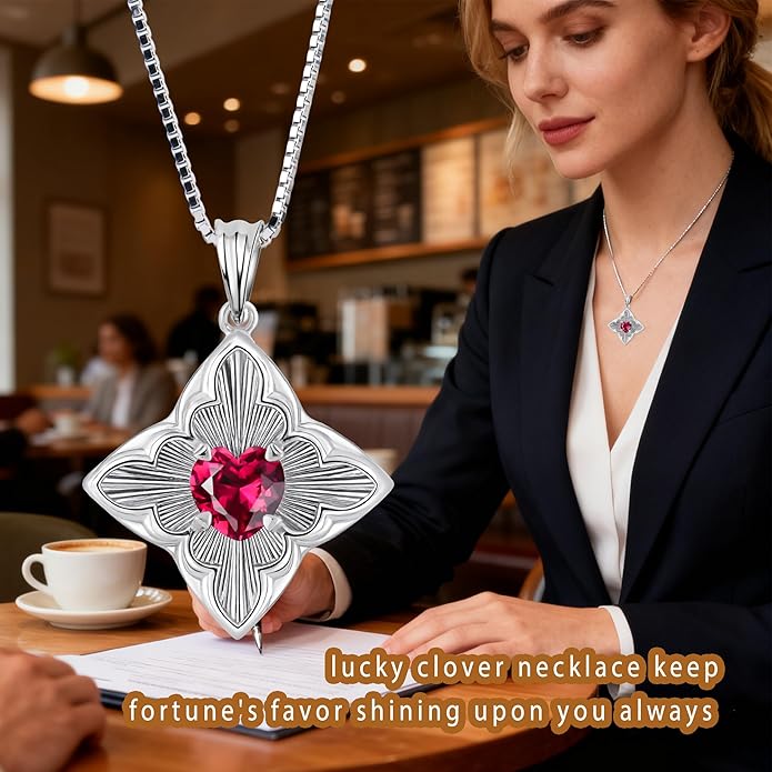 Delicate Four-Leaf Clover Charm Necklace with January Birthstone - S925 Silver, Gift Idea