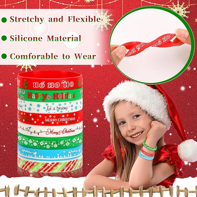 JUNEBRUSHS 64pcs Christmas Wristband Silicone Bracelets Bulk Elk Xmas Tree Snowflake Pattern Rubber Bracelet for Christmas Birthday Decoration Kids Party Favor Gift Supplies（8 Designs）