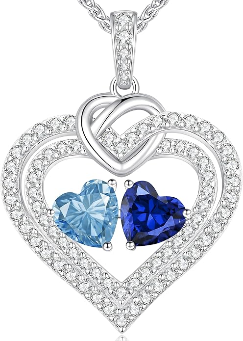LOUISA SECRET Sparkling Double Heart Birthstone Necklaces for Women, 925 Sterling Silver Fine Jewelry, Pendant Heart Necklaces Birthday Anniversary Christmas Gift for Women Wife Mom Girlfriend Lady