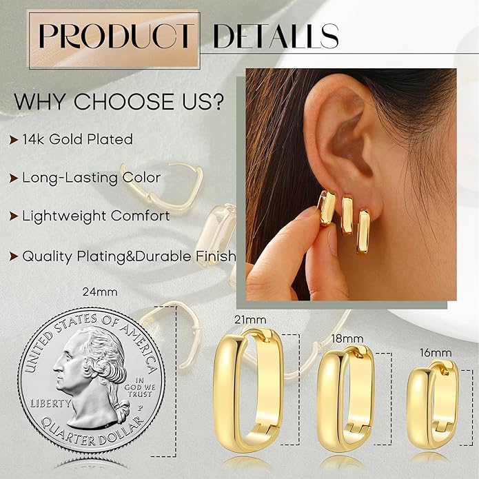 3Pairs Gold Hoop Earrings Set for Women, 14K Gold Plated Hypoallergenic Small Huggie Hoops Earrings for Women Trendy, Chunky Gold Earring Jewelry Gifts