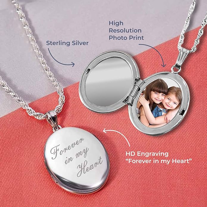 PicturesOnGold.com Sterling Silver & Yellow Gold Filled Oval Forever in My Heart Locket Necklace for Women with 18 Inch Chain