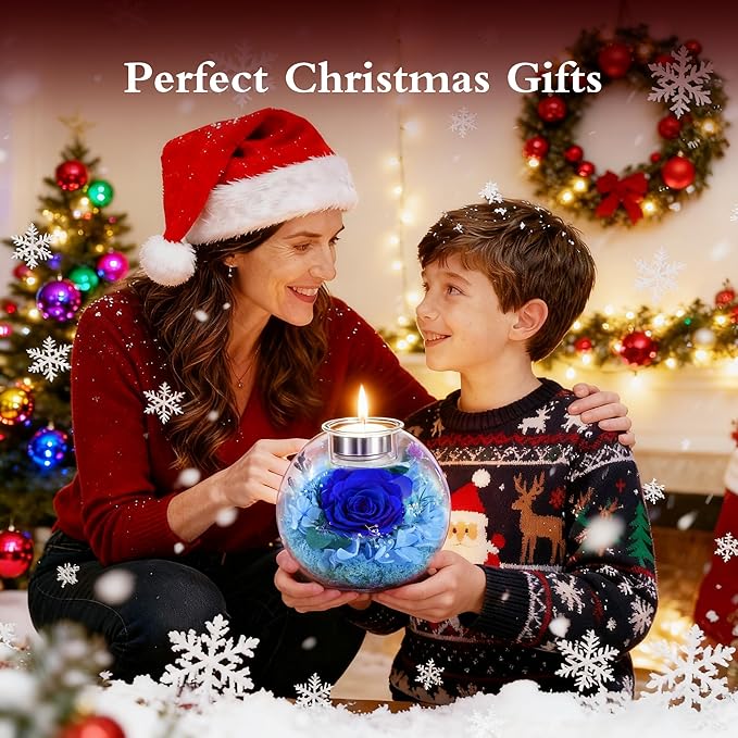 Forever Real Roses in Glass with Scented Candle, Christmas Gift Ideas Preserved Flower Christmas Gifts for Women Her Girlfriend Wife Mom on Valentines Birthday Anniversary Blue