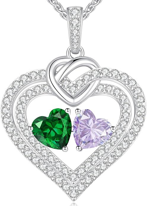 LOUISA SECRET Sparkling Double Heart Birthstone Necklaces for Women, 925 Sterling Silver Fine Jewelry, Pendant Heart Necklaces Birthday Anniversary Christmas Gift for Women Wife Mom Girlfriend Lady