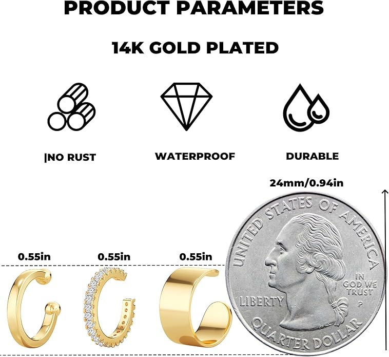 Gold Ear Cuffs Earrings for Women Non Piercing - Clip on Cartilage Earrings Dainty 14K Gold Sterling Silver Plated Cubic Zirconia Huggie Hoop Earring for Women No Tarnish Trendy Jewelry Set