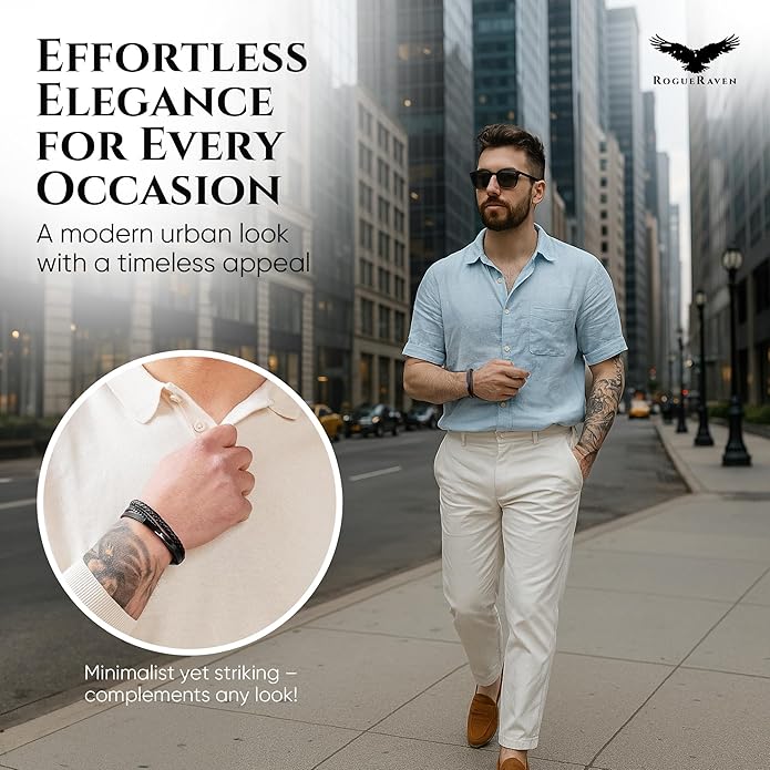 RogueRaven Black Leather Bracelet for Men – Premium Collection – Brown Black Gold Silver | Genuine Leather Mens Bracelet with Stainless Steel Clasp [Adjustable] | In Luxury Gift Box