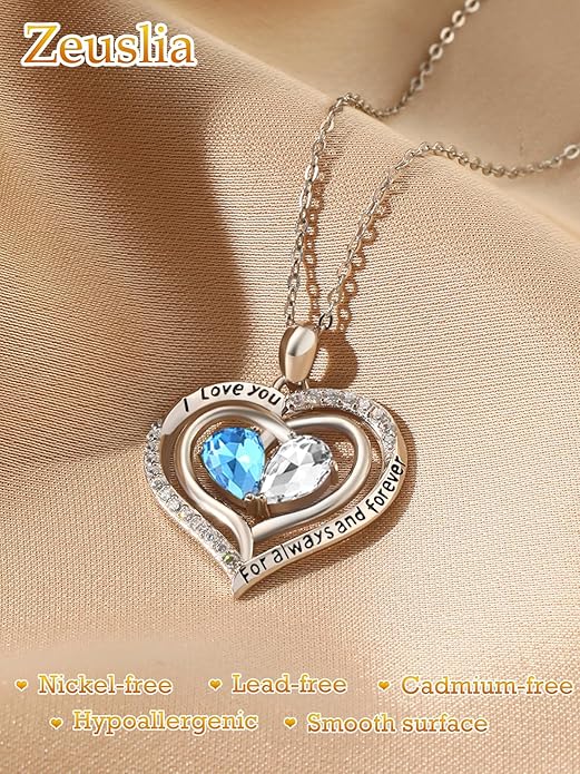Zeuslia Double Birthstone Necklace Gifts for Wife - 925 Sterling Silver Sunflower/Rose/Crown Cross/Compass/Heart Pendant I Love You Necklace, Anniversary Birthday Gifts for Wife Girlfriend Mom Her