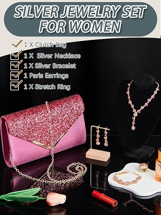 Henoyso 5 Pcs Purse Rhinestone Jewelry Set Prom Jewelry Rhinestone Clutch Purse Necklace Earrings Bracelets for Women Bride