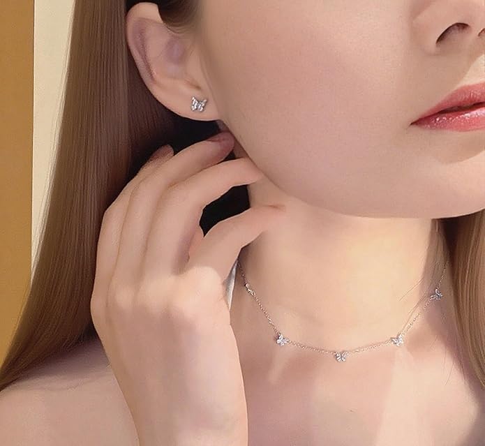 TLTH Butterfly Station Choker Necklace, 18K Plated 925 Sterling Silver, Dainty Adjustable 16"-18" Chain, Gifts for Women Mom Wife