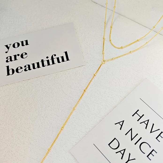 Luxval Lariat Gold Necklace for Women, Dainty Long Necklace 14k Gold Plated/Silver Y-Shaped Pendant Necklaces Trendy Beaded Chain Drop Necklaces Jewelry for Women Gifts