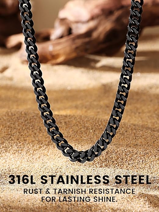 Bestyle Thick Stainless Steel Mens Cuban Link Chain, Black/Gold Chain for Men, No Tarnish & Durable Men Chain Necklace, 5/7/9/12mm Wide, 18"-30" Long, Gift Package