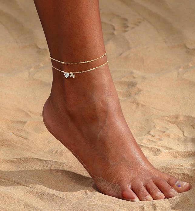 CAROVO Gold Ankle Bracelets for Women Waterproof 14K Real Gold Plated CZ Initial Anklet for Women Dainty Layered Letter A-Z Heart Ankle Bracelets Handmade Adjustable Anklet Summer Beach Jewelry