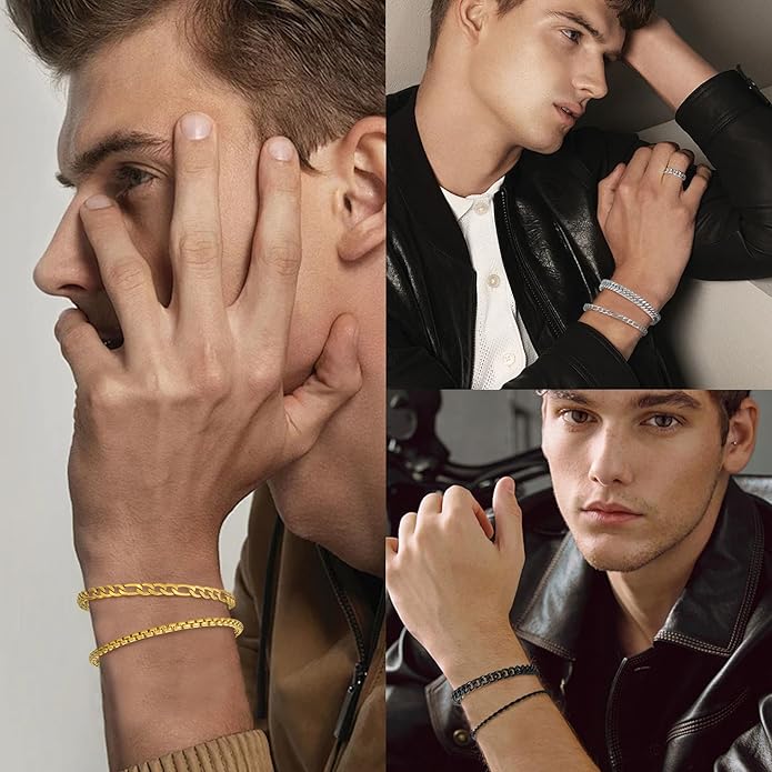 XIANNVXI 6pcs Stainless Steel Bracelets for Men Women Silver/Gold/Black Cuban Link Rope Paperclip Chain Bracelets Set 6.5/7/7.5/8.3/9 Inches Metal Bracelet Mens Fashion Accessories Jewelry Set