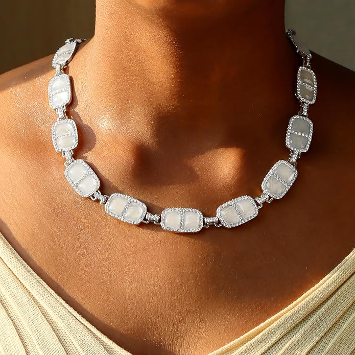 Chunky Necklace for Women 12 Colors Diamond Stone Gold Statement Necklace for Women Full Trendy Blue Birthstone Choker Necklace for Women Square Design Necklace Jewelry