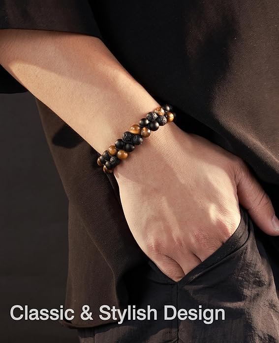 HGDEER Triple Protection Bracelet for Men & Teens - 100% Natural Black Onyx, Tiger Eye & Lava Stone Beads - Adjustable Size with Meaning Card
