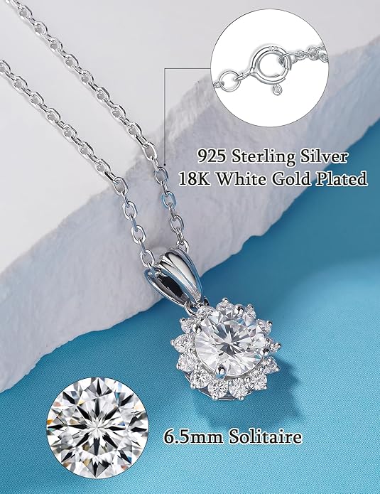IMOLOVE Moissanite Solitaire Pendant Necklaces for Women Sterling Silver with 18K White Gold Plated 1-3 Carat D Color VVS1 Clarity Mossanite Jewelry for Women