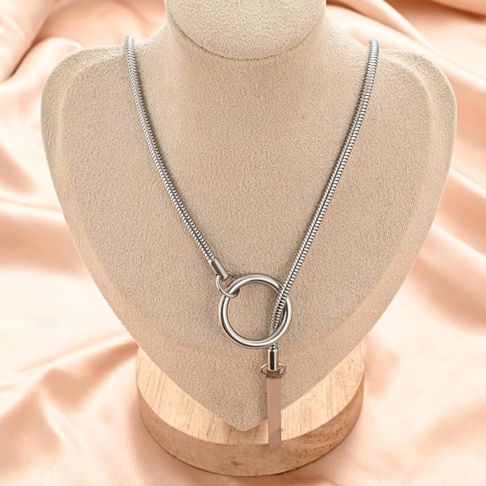 Slip Chain Necklaces for Women Stainless Steel Bar Pendant Choker Necklace Boho Handmade Long Lariat Necklace Silver Statement Punk Rock Collar Jewelry
