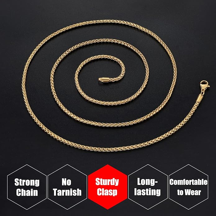 Fiusem Wheat Chains for Men and Women, 2/2.5/3/4/5mm Silver Tone/14K Gold Plated/Black Necklace Chain, Stainless Steel Mens Necklace 16-28 Inch