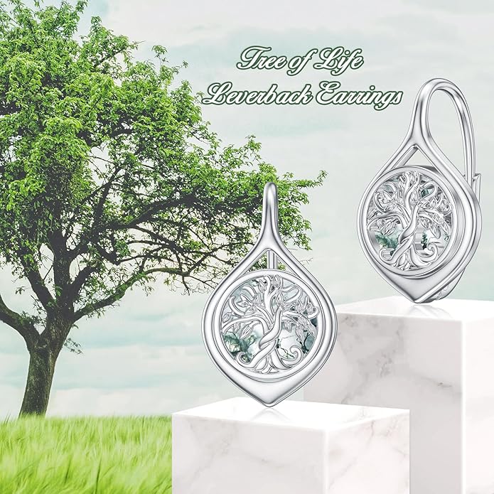 WINNICACA Leverback Earrings for Wonen 925 Sterling Silver Tree of Life Earrings Dangle Drop Turquoise Moonstone Moss Agate Heart Jewelry Gifts for Women Anniversary Birthday Christmas