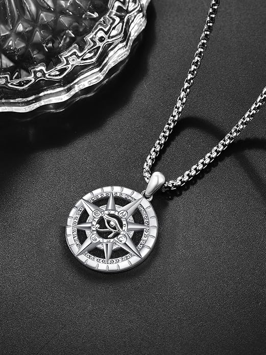 KINGWHYTE Compass Necklace for Men 925 Sterling Silver Birthday Gifts Graduation Travel Jewelry for Husband Brother with Stainless Steel Chain
