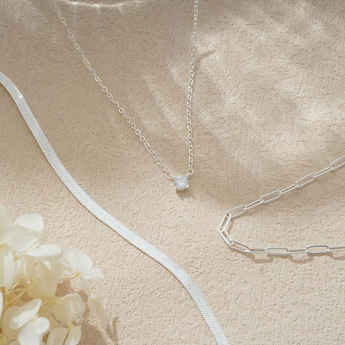 Layered Gold Necklace for Women Dainty 14K Gold/Silver Plated Stacked Necklace for Women Trendy Cuban Paperclip Herringbone Chain Diamond Pendant Necklaces Jewelry Set Accessories Gift