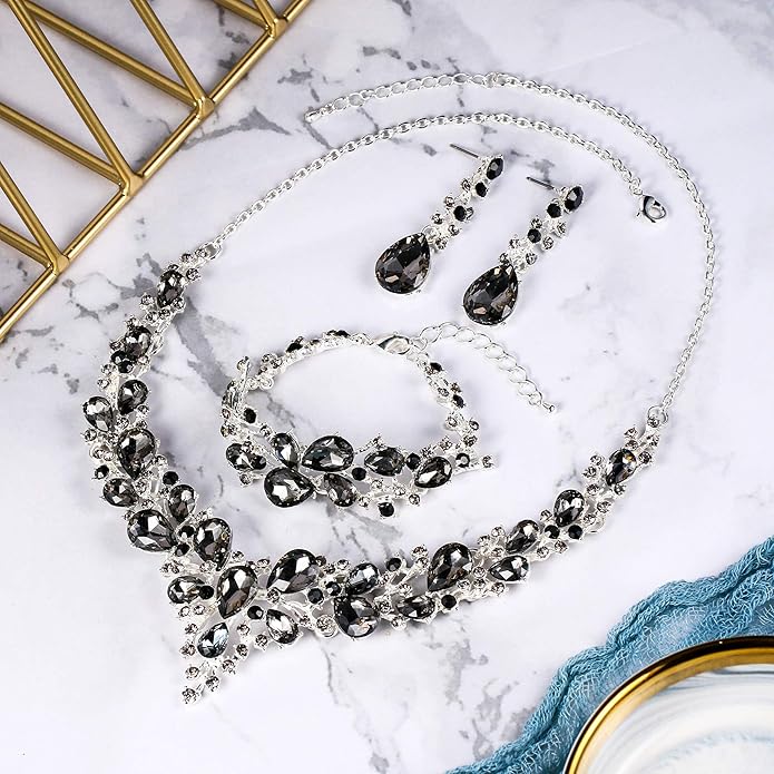 BriLove Wedding Bridal Jewelery for Women Austrian Crystal Teardrop Cluster Statement Necklace Dangle Earrings Link Bracelet Set