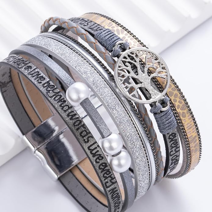 FANCY SHINY Tree of Life Leather Wrap Bracelet Inspirational Cuff Bangles Boho Pearl Bracelets with Magnetic Clasp Unique Jewelry Gifts for Women