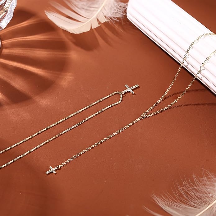 Dochais Dainty Gold Layered Necklace for Women, 14K Gold Plated Y Necklace & Chain, Dainty Lariat Long Necklaces, Trendy Cubic Zirconia Choker, Sun, Heart, Pearl & Cross Pendant Necklace, Jewelry Gift