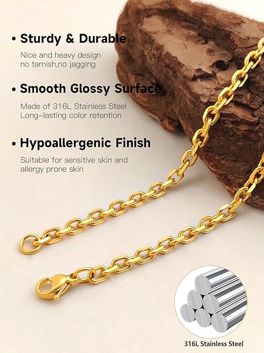 Hoyazvet Cable Chain Stainless Steel Necklace for Men Women, 3/5/8/10/13MM Width, 18K Gold Plated/Black Metal/316L Stainless Steel Sturdy Rolo Link Chain Necklace, 18-30inch Length