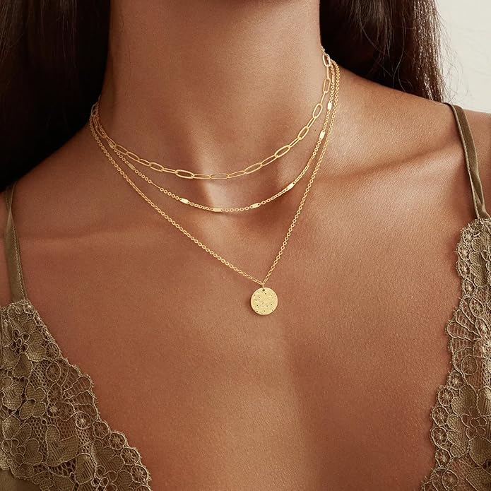 JECOMY Layered Gold Necklace for Women, 14K Gold Plated Necklace Stack for Women, Dainty Adjustable Gold Necklace Set