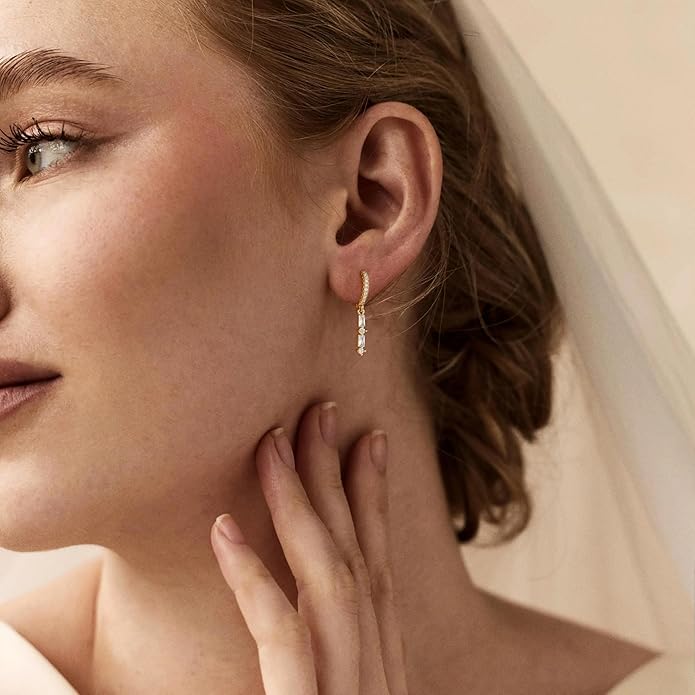 14K Gold Plated Dangle Earrings for Women - Dainty, Trendy, Hypoallergenic CZ Drop Earrings - Simple Long Dangling Jewelry