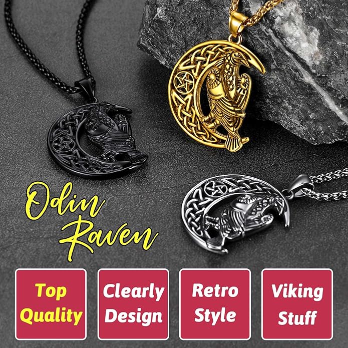 FaithHeart Viking Raven Necklace for Men, Norse Mythology Raven Skull Pendant Sturdy Stainless Steel Amulet Jewelry Gift for Men
