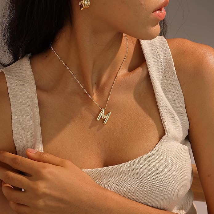Initial Necklaces for Women, 14k Gold Plated Bubble Letter Necklace Chunky Gold Necklace Dainty Charm Initial Necklaces for Women Trendy Custom Preppy Stocking Stuff Necklace Christmas Gifts