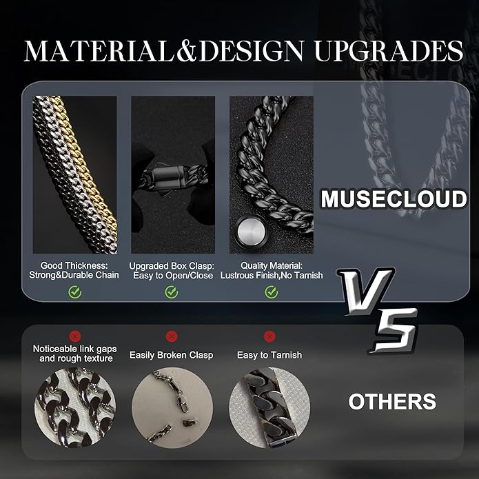 MUSECLOUD Gold Cuban Link Chain for Men Mens Stainless Steel Miami Curb Chains Necklace 5/8mm Thick Real Gold/Silver/Black Plated Diamond Cut Non-Tarnish Jewelry Trendy Christmas Gifts 18-26 Inch