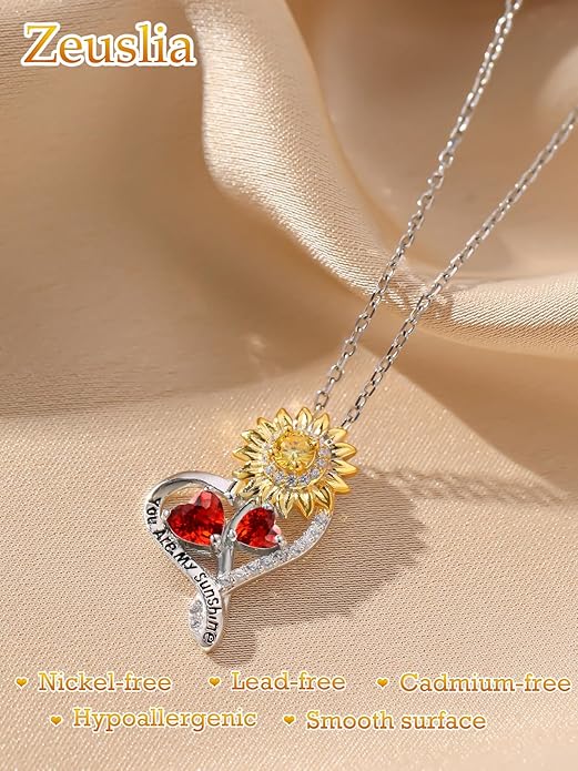 Zeuslia Double Birthstone Necklace Gifts for Wife - 925 Sterling Silver Sunflower/Rose/Crown Cross/Compass/Heart Pendant I Love You Necklace, Anniversary Birthday Gifts for Wife Girlfriend Mom Her