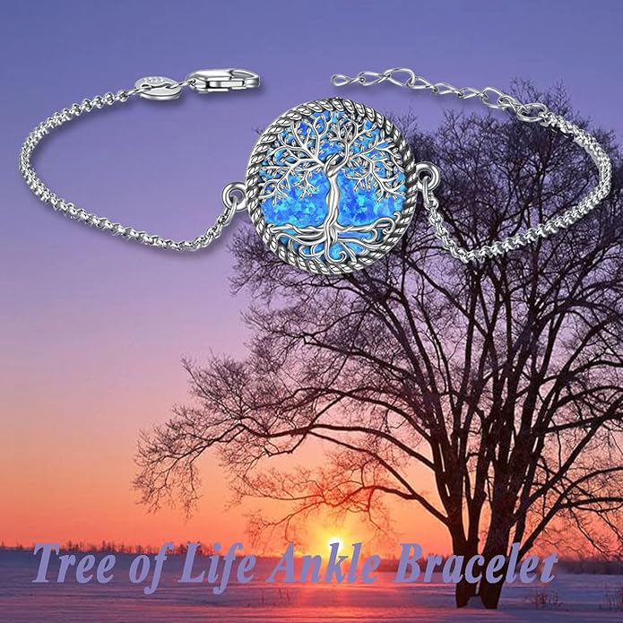 ONEFINITY Tree of Life Anklet Sterling Silver Abalone Shell/Blue Opal/Crystal Tree of Life Ankle Bracelet Tree Jewelry for Women Girls Gifts