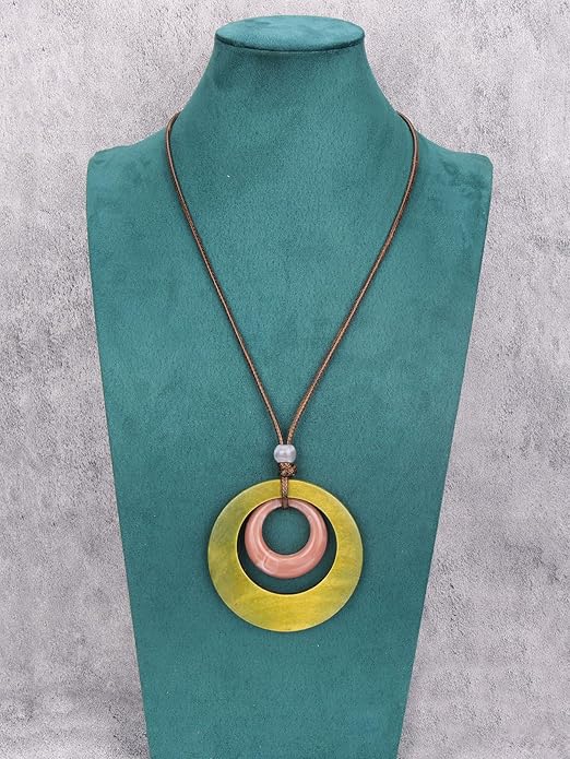 Long Boho Necklaces for Women Vintage Leather Wooden Pendant Y Choker Ethnic Style Gold Circle Hippie Sweater Necklace