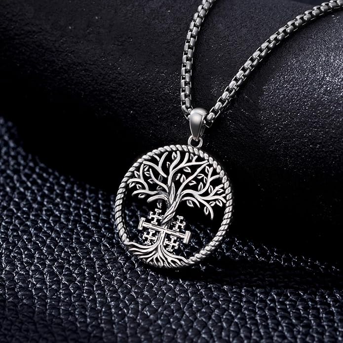 Dorunmo Christmas Gift Tree of Life Jerusalem Cross Necklace 925 Sterling Silver Vintage Celtic Tree Pendant Necklaces for Women Men Christian Faith Jewelry Spiritual Protection Amulet Xmas Jewelry Stocking Stuffers