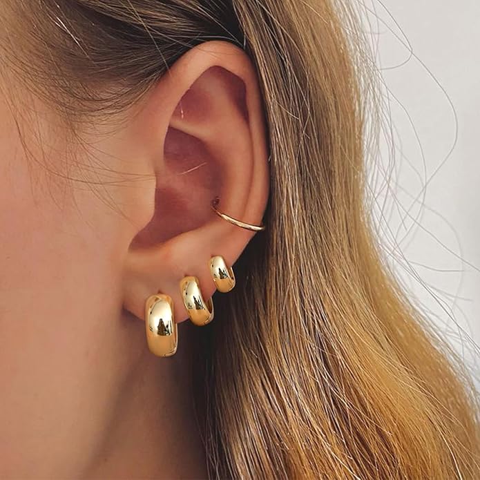 Small Chunky 14K Gold Plated Hoop Earrings for Women - Hypoallergenic Earrings for Sensitive Ears Earrings Set Thick Huggie Hoops Earring Stacks Silver Plated Jewelry