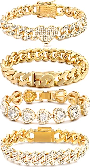 shopbyskyler 4PCS Gold Bracelets for Women Silver Clustered Tennis Bracelet for Women Heart Round Diamond Cuban Bracelet Layered Link Bracelet Set Fashion Jewelry for Women Set