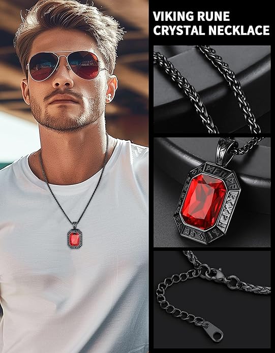ChainsHouse Viking Rune Pendant Necklace for Men Women, Punk Biker Black Metal/316L Stainless Steel Onyx Norse Vintage Amulet Necklaces with Black/Red/Green/Blue Gemstone, Send Gift Box