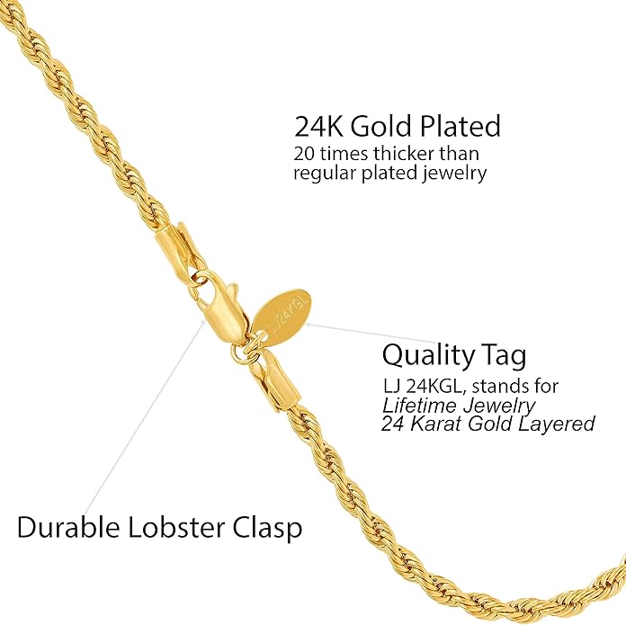 LIFETIME JEWELRY Womens Gold Anklet 4mm Rope Chain Ankle Bracelet 24k Real Gold Plated