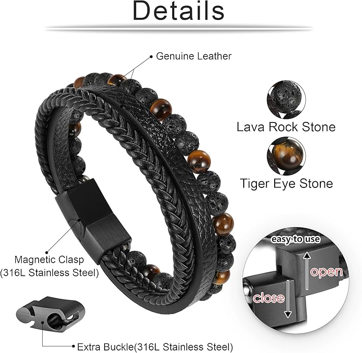 Gifts for Men - Layered Leather Beads Bracelet, Tiger Eye Lava Rock Stone Braided Leather Bracelets for Men Adjustable Magnetic Clasp Birthday Gifts