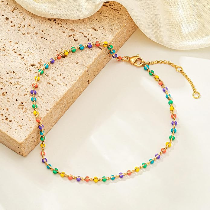 MTMY Gold Anklets for Women 14K Gold Plated Tiny Bead Anklet Colorful Tassel Foot Chain Dainty Adjustable Cute Summer Beach Boho Anklets Jewelry Gift
