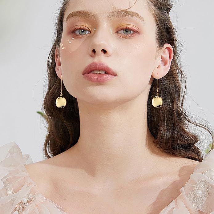 14K Gold Dangle Earrings for Women，Lightweight Circle Disc Coin Geometric Flat Brushed Drop Earrings, Hypoallergenic Leverback Earrings S925 Jewelry