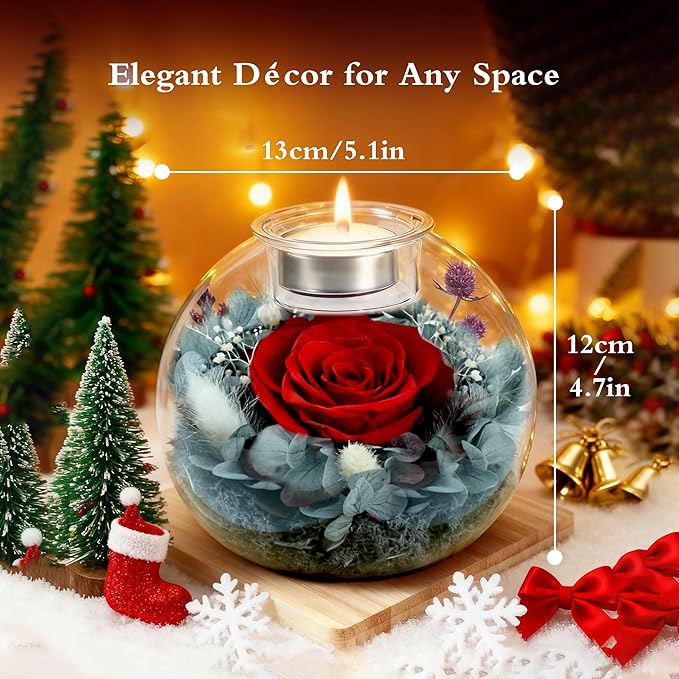 Forever Real Roses in Glass with Scented Candle, Christmas Gift Ideas Preserved Flower Christmas Gifts for Women Her Girlfriend Wife Mom on Valentines Birthday Anniversary Red