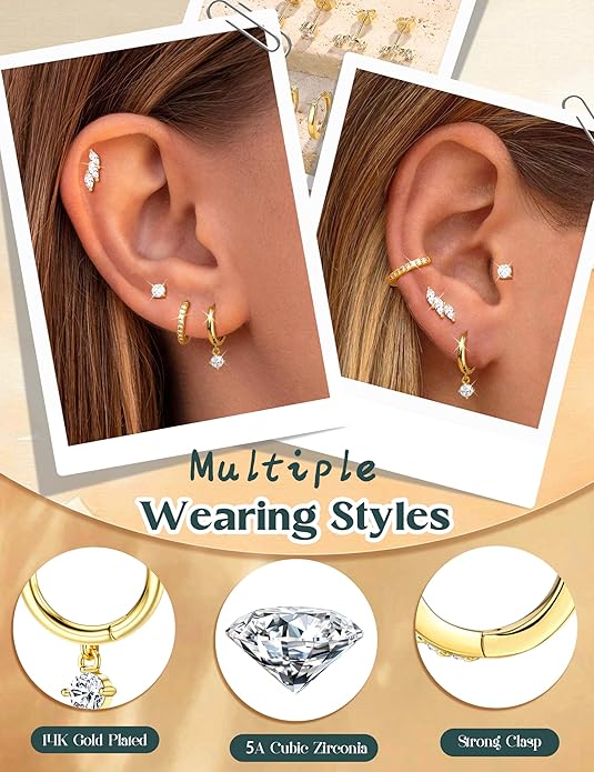 Florideco 925 Sterling Silver Earrings for Women Trendy Hypoallergenic Small Gold Hoop Earrings 14K Gold Plated Stud Earring Sets for Multiple Piercing CZ Ear Cuff Cartilage Earring Stacks