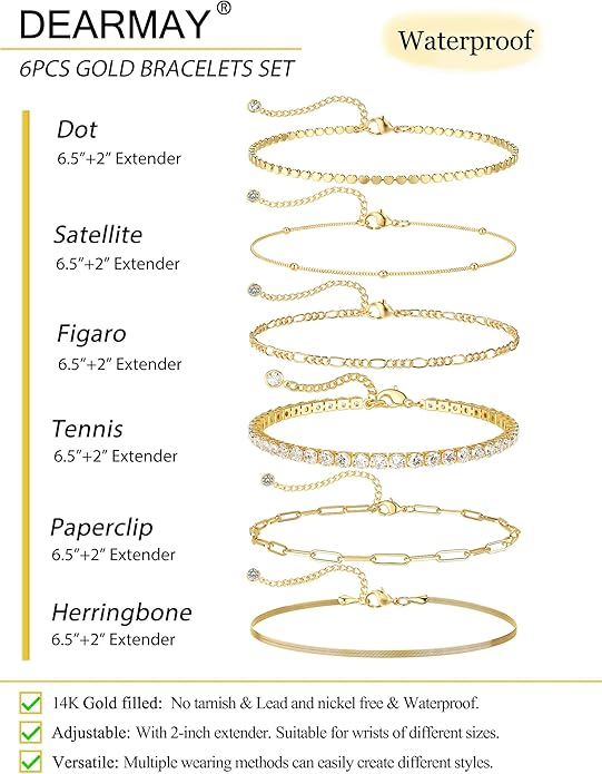 DEARMAY Waterproof Gold Plated Bracelets Set for Women Trendy, Dainty 14K Gold Jewelry Fashion Stackable Tennis Beaded Figaro Herringbone Paperclip Link Bracelet Pack Stack Gifts for Women
