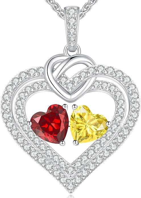 LOUISA SECRET Sparkling Double Heart Birthstone Necklaces for Women, 925 Sterling Silver Fine Jewelry, Pendant Heart Necklaces Birthday Anniversary Christmas Gift for Women Wife Mom Girlfriend Lady