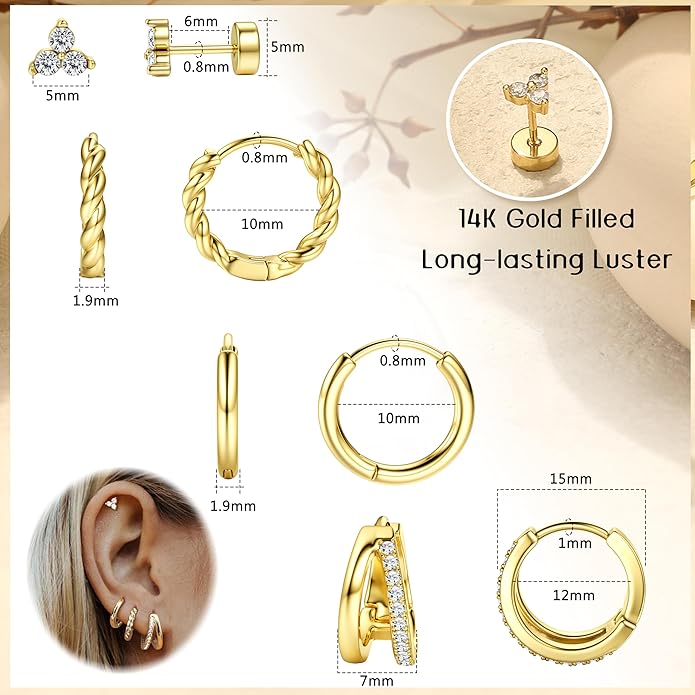 BESTEEL Small Hoop Earrings for Women - Hypoallergenic 14K Gold Plated Surgical Steel Chunky Huggie Earings Stacks Set Dainty Cute Cartilage Flat Back Stud Jewelry Trendy Gift 4 Pairs